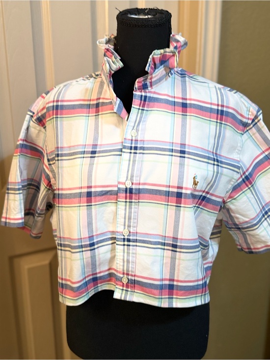 Polo Ralph Lauren Tops - Upcycled Polo by Ralph Lauren Pastel Pink & Blue Plaid Button-Down Crop Shirt